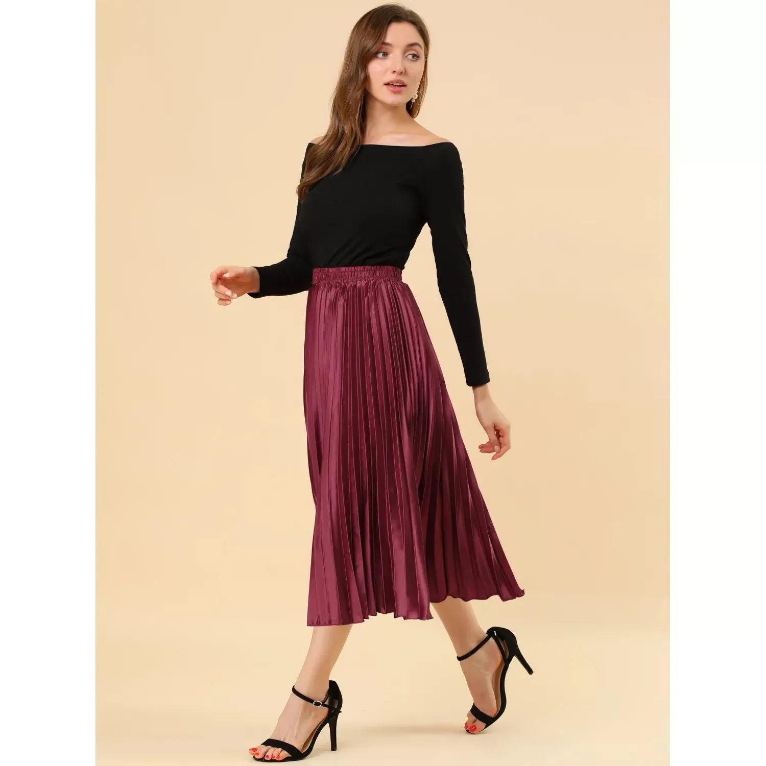 ALLEGRA K Women's Shiny Metallic Pleated Midi Skirt with Elastic Waist ,  green