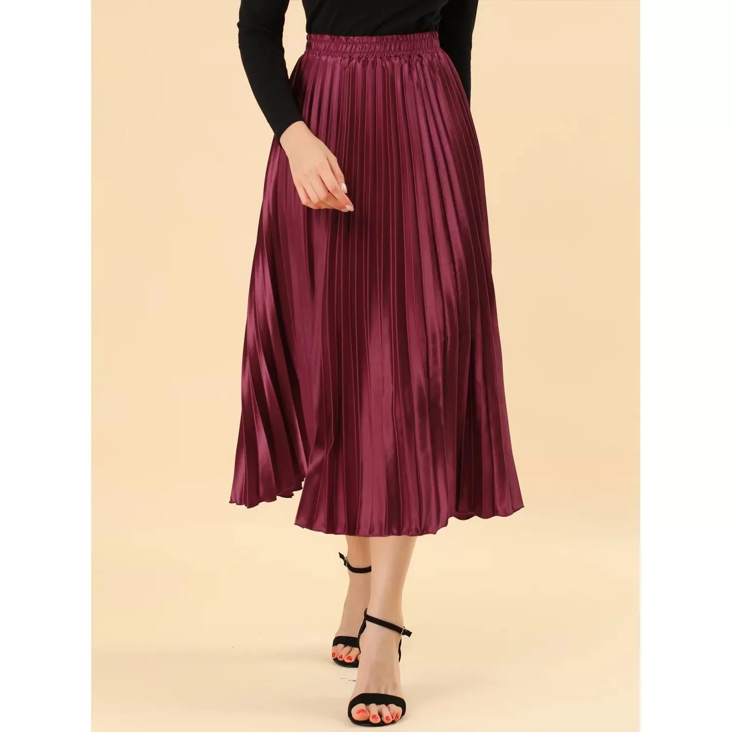 ALLEGRA K Women's Shiny Metallic Pleated Midi Skirt with Elastic Waist ,  green