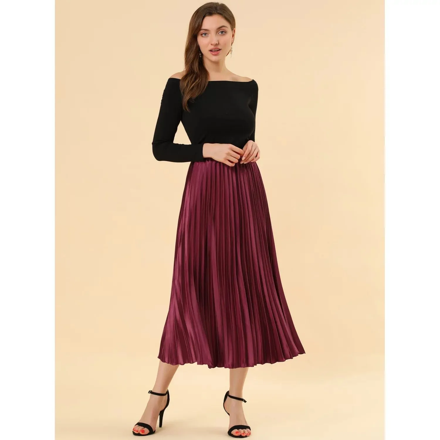 ALLEGRA K Women's Shiny Metallic Pleated Midi Skirt with Elastic Waist ,  green