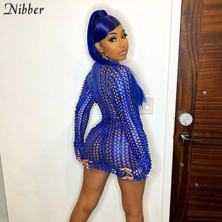 Amozae--hoco dresses Fashion Weave Cross Hollow Shining See-through Mini Dresses   Backless Ruched Club Long Sleeve Mesh Dress Summer  -0519