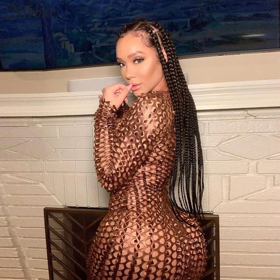 Amozae--hoco dresses Fashion Weave Cross Hollow Shining See-through Mini Dresses   Backless Ruched Club Long Sleeve Mesh Dress Summer  -0519