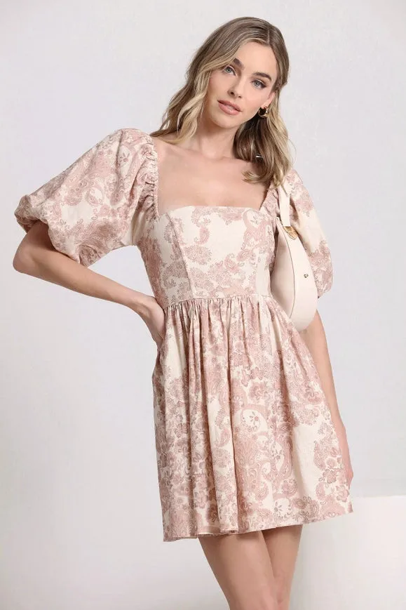 Baroque Paisley Linen Blend Babydoll Dress