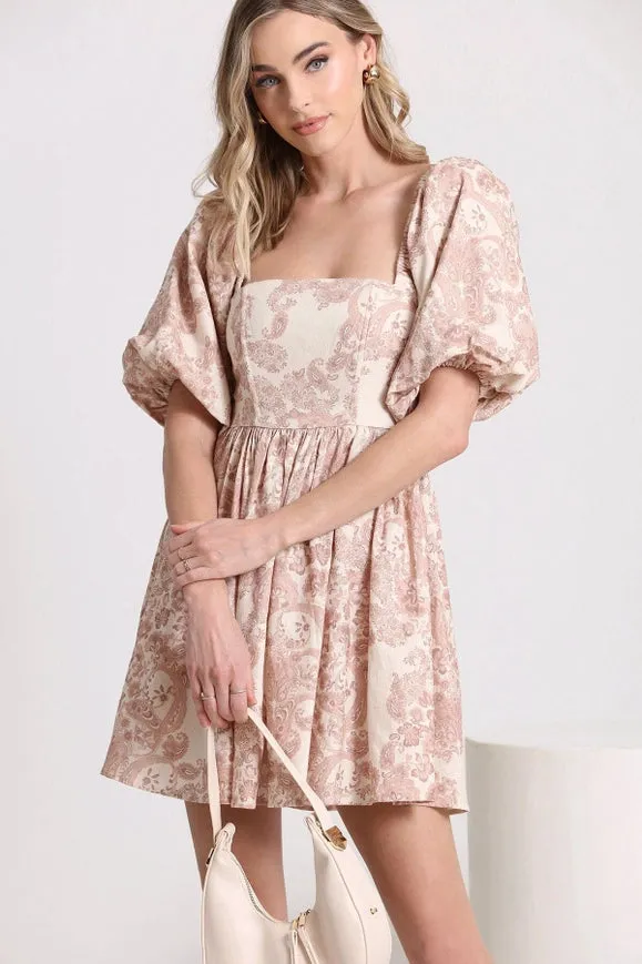 Baroque Paisley Linen Blend Babydoll Dress