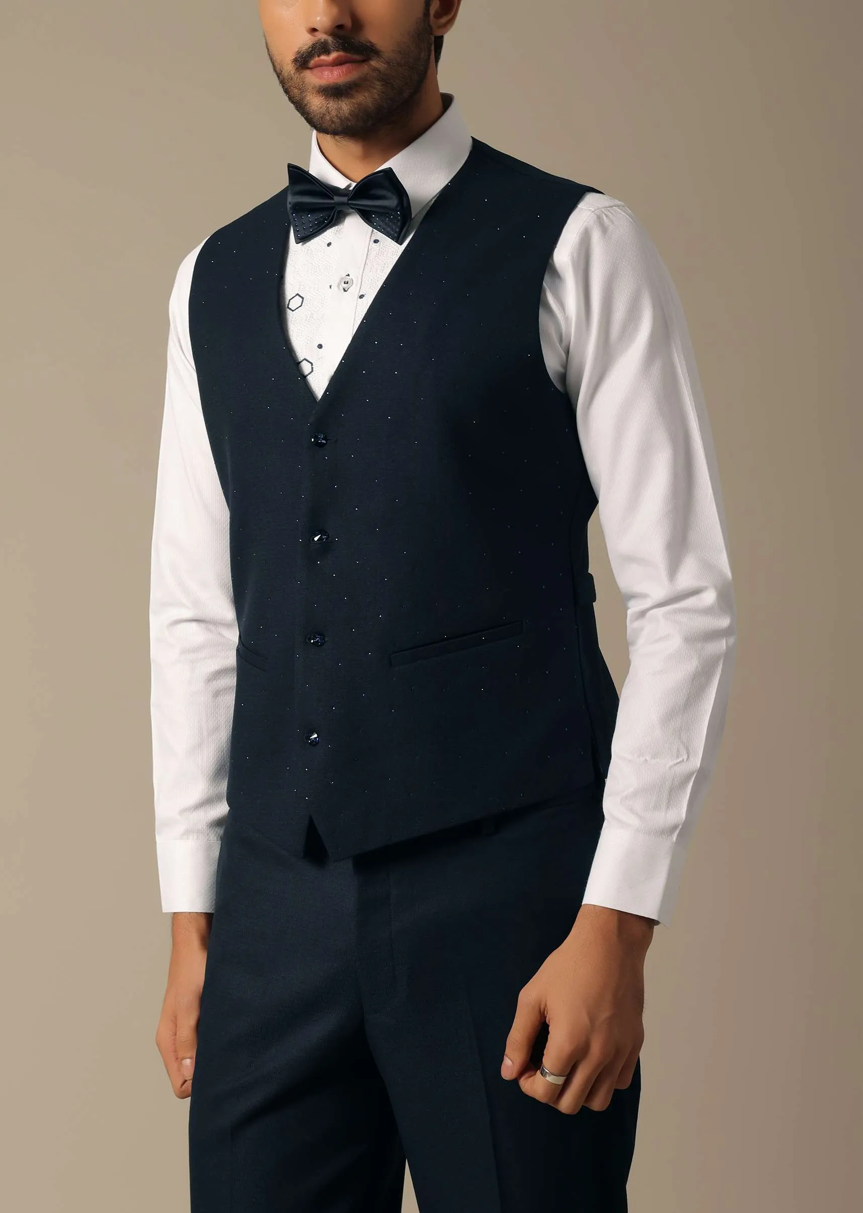 Blue Embroidered Neckline Tuxedo Set