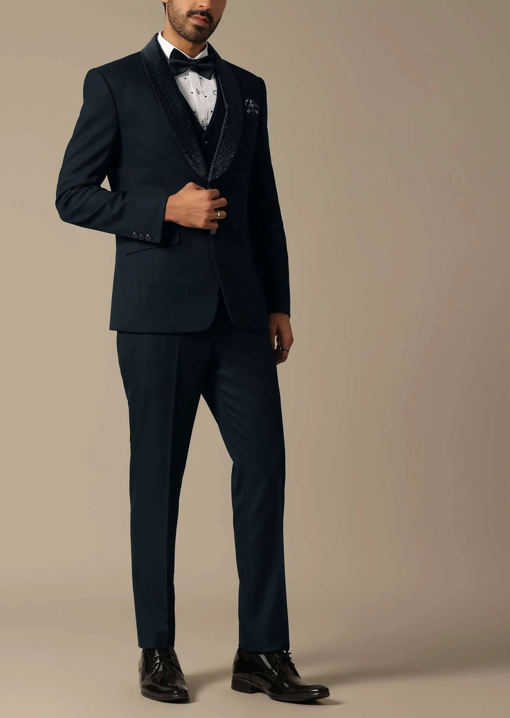 Blue Embroidered Neckline Tuxedo Set