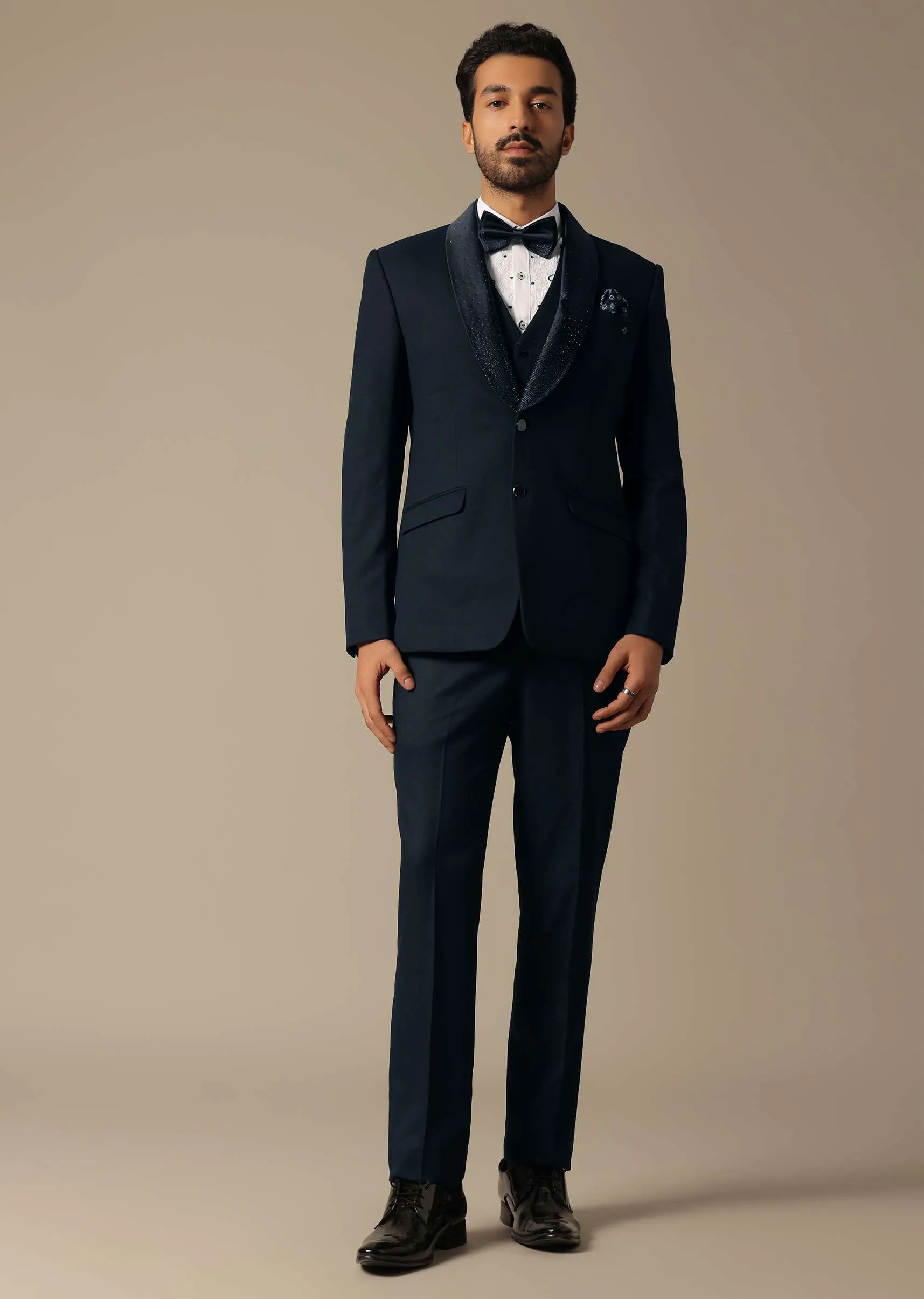 Blue Embroidered Neckline Tuxedo Set