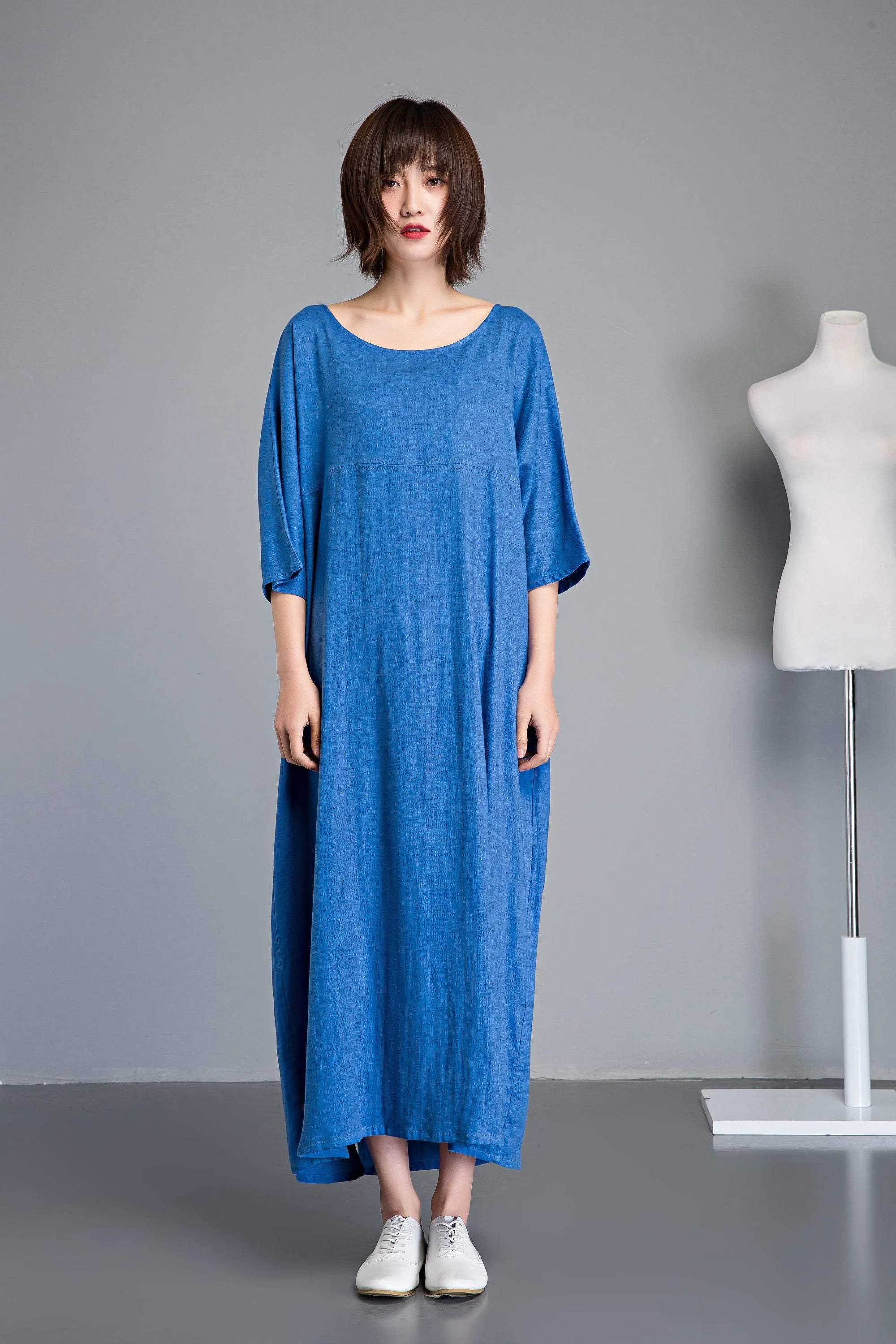 Blue linen dress, Plus size linen dress, linen dress, long sleeve dress, long linen dress, loose linen dress, summer linen dress  C1236