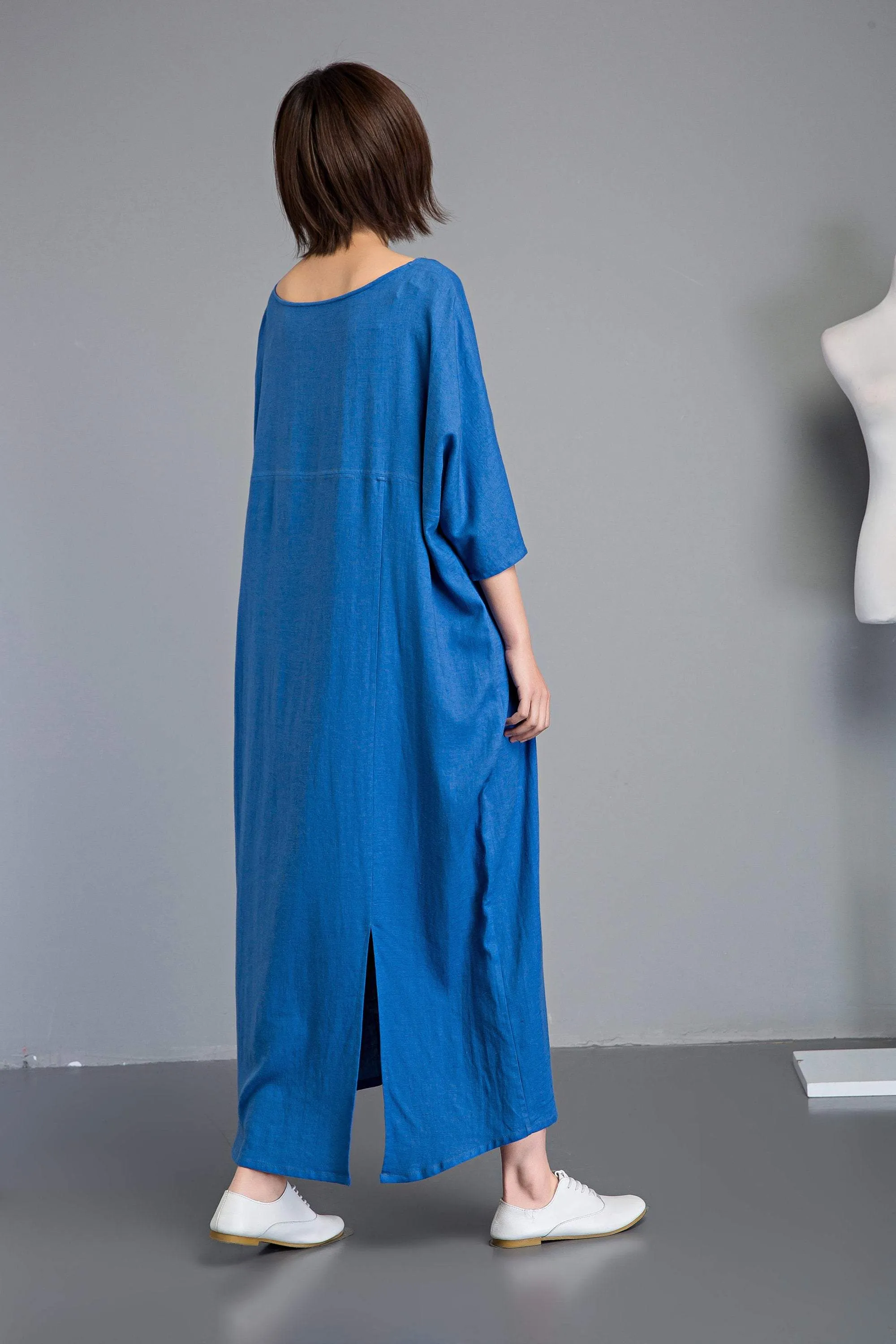 Blue linen dress, Plus size linen dress, linen dress, long sleeve dress, long linen dress, loose linen dress, summer linen dress  C1236
