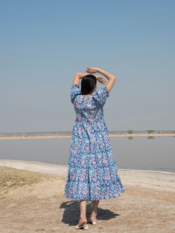 Blue Printed Lagoon Tier Wrap Dress