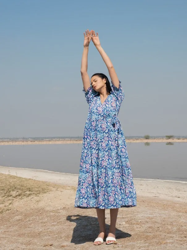 Blue Printed Lagoon Tier Wrap Dress