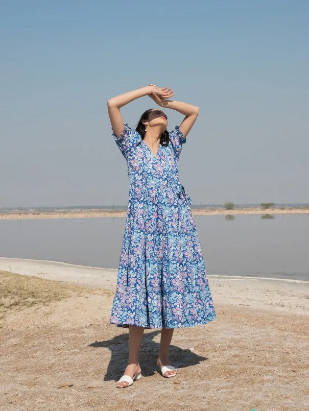 Blue Printed Lagoon Tier Wrap Dress
