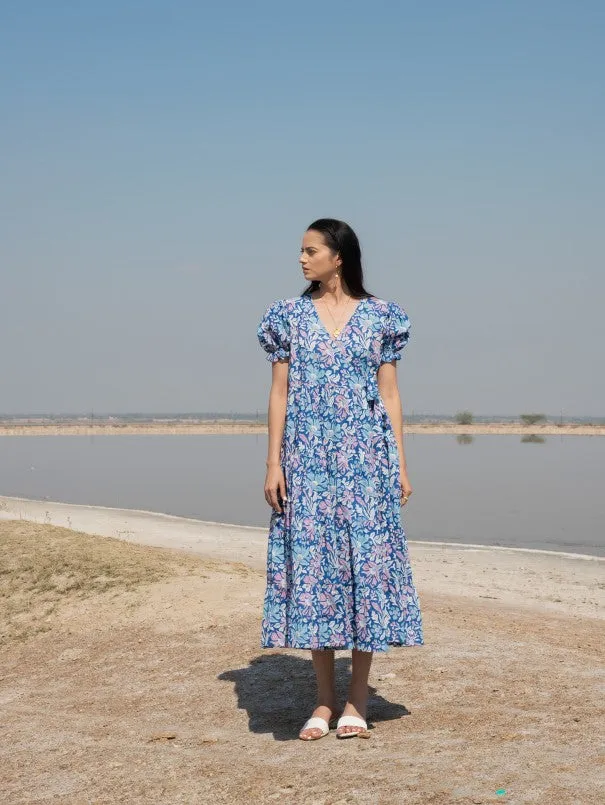 Blue Printed Lagoon Tier Wrap Dress