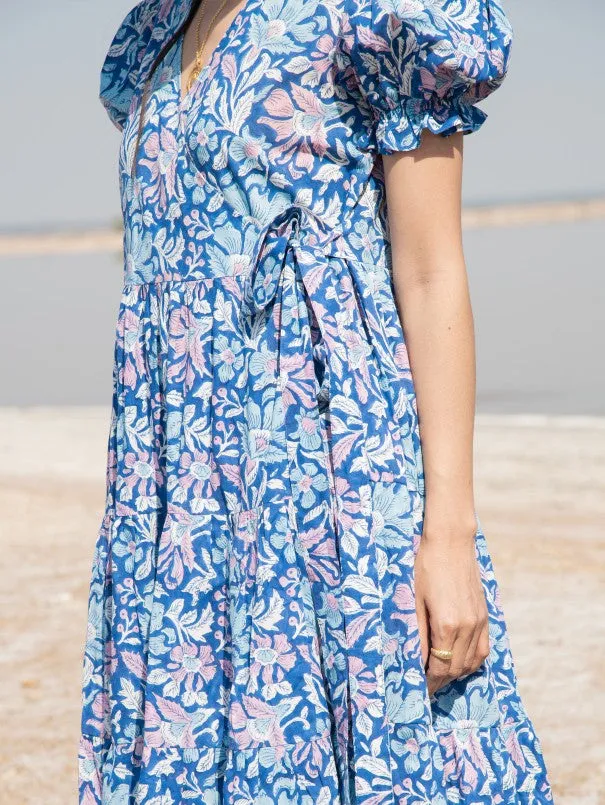 Blue Printed Lagoon Tier Wrap Dress