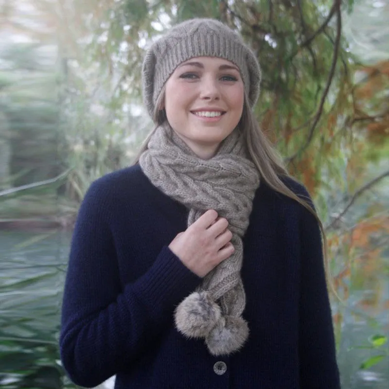 Cable Scarf With Rabbit Fur Pompoms