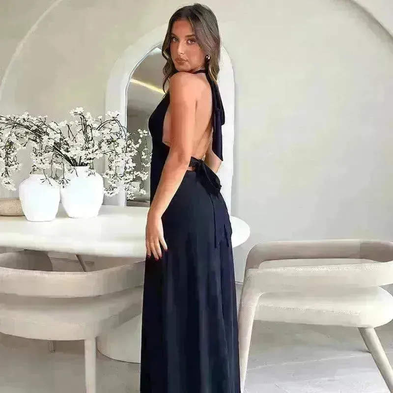 Charming Halterneck V-neck Slit Dress Summer Backless Strappy Skirt Fashion Temperament Clothing Women