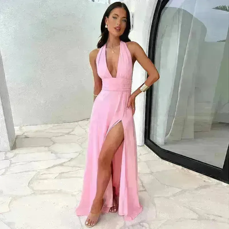 Charming Halterneck V-neck Slit Dress Summer Backless Strappy Skirt Fashion Temperament Clothing Women