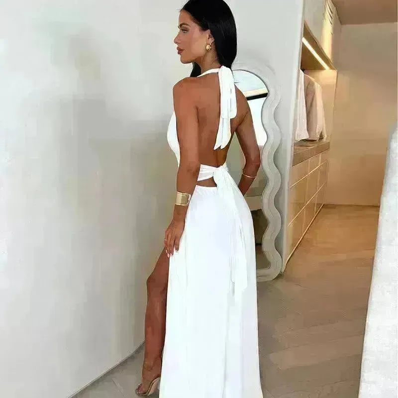 Charming Halterneck V-neck Slit Dress Summer Backless Strappy Skirt Fashion Temperament Clothing Women