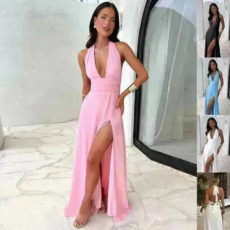 Charming Halterneck V-neck Slit Dress Summer Backless Strappy Skirt Fashion Temperament Clothing Women