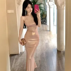 Fashionkova pink panther costume French-Style Shiny Pink Sling Dress Women's High-Grade Hip Skirt Birthday Dress Waist-Tight Dress