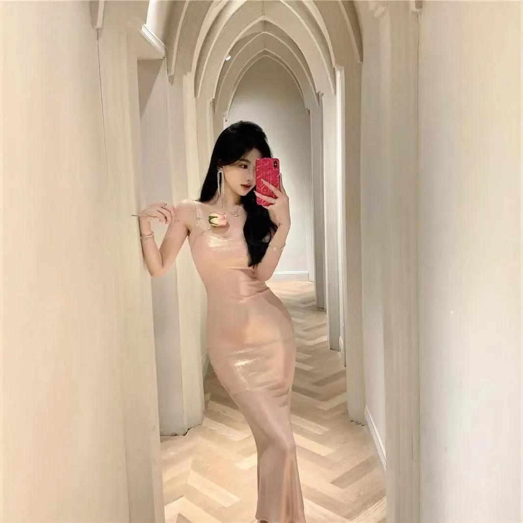 Fashionkova pink panther costume French-Style Shiny Pink Sling Dress Women's High-Grade Hip Skirt Birthday Dress Waist-Tight Dress