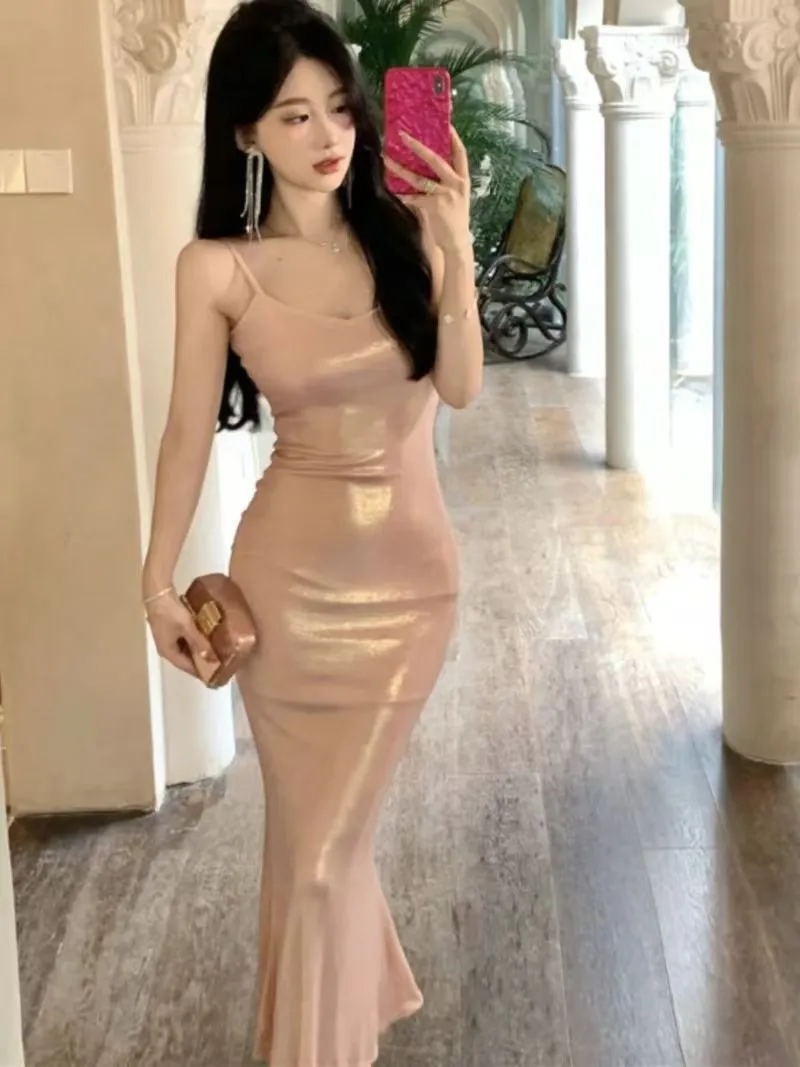 Fashionkova pink panther costume French-Style Shiny Pink Sling Dress Women's High-Grade Hip Skirt Birthday Dress Waist-Tight Dress
