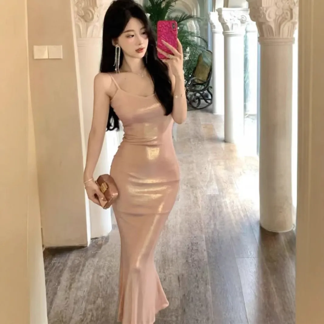 Fashionkova pink panther costume French-Style Shiny Pink Sling Dress Women's High-Grade Hip Skirt Birthday Dress Waist-Tight Dress