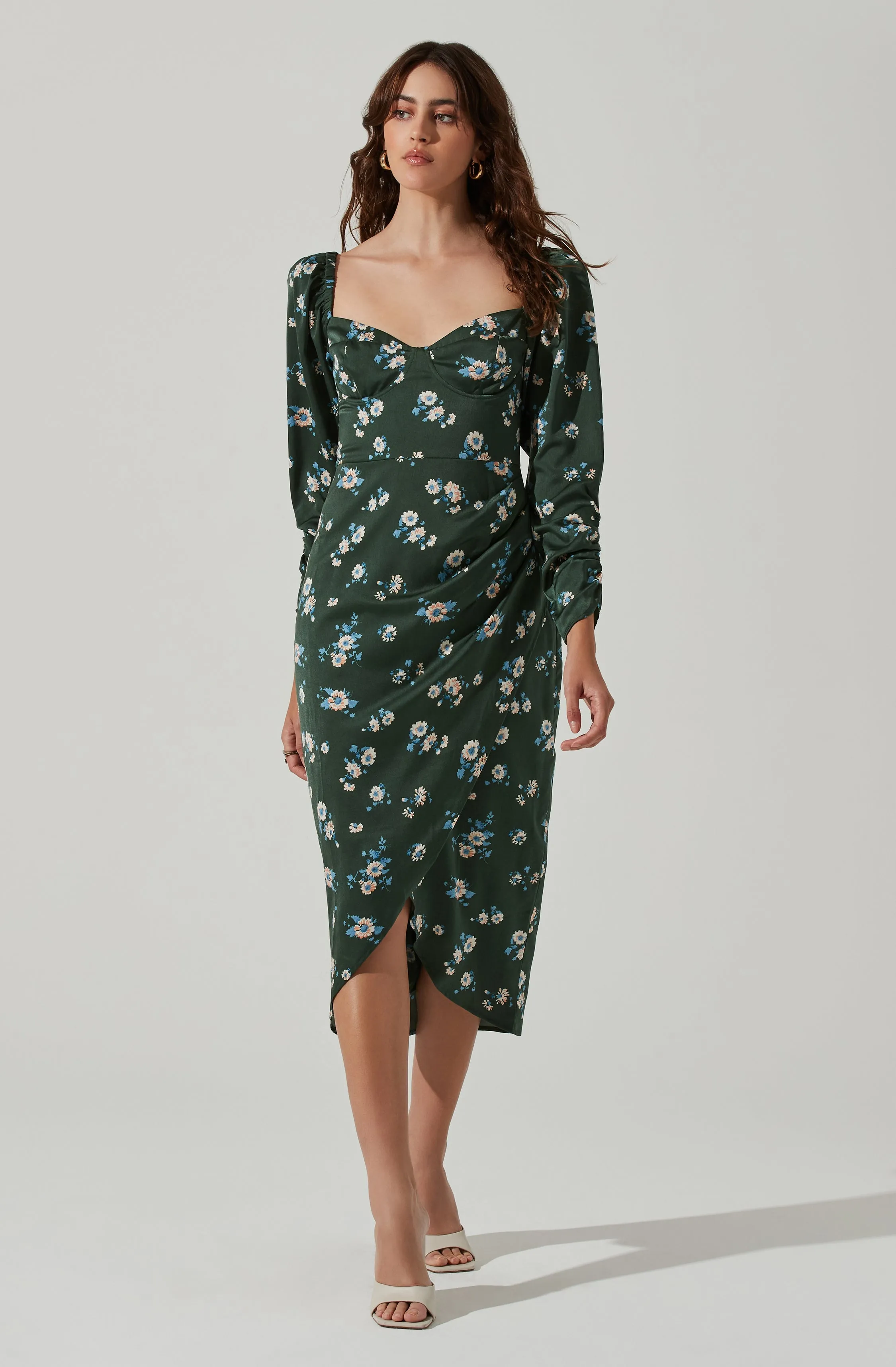 Floral Long Sleeve Milkmaid Satin Midi Dress