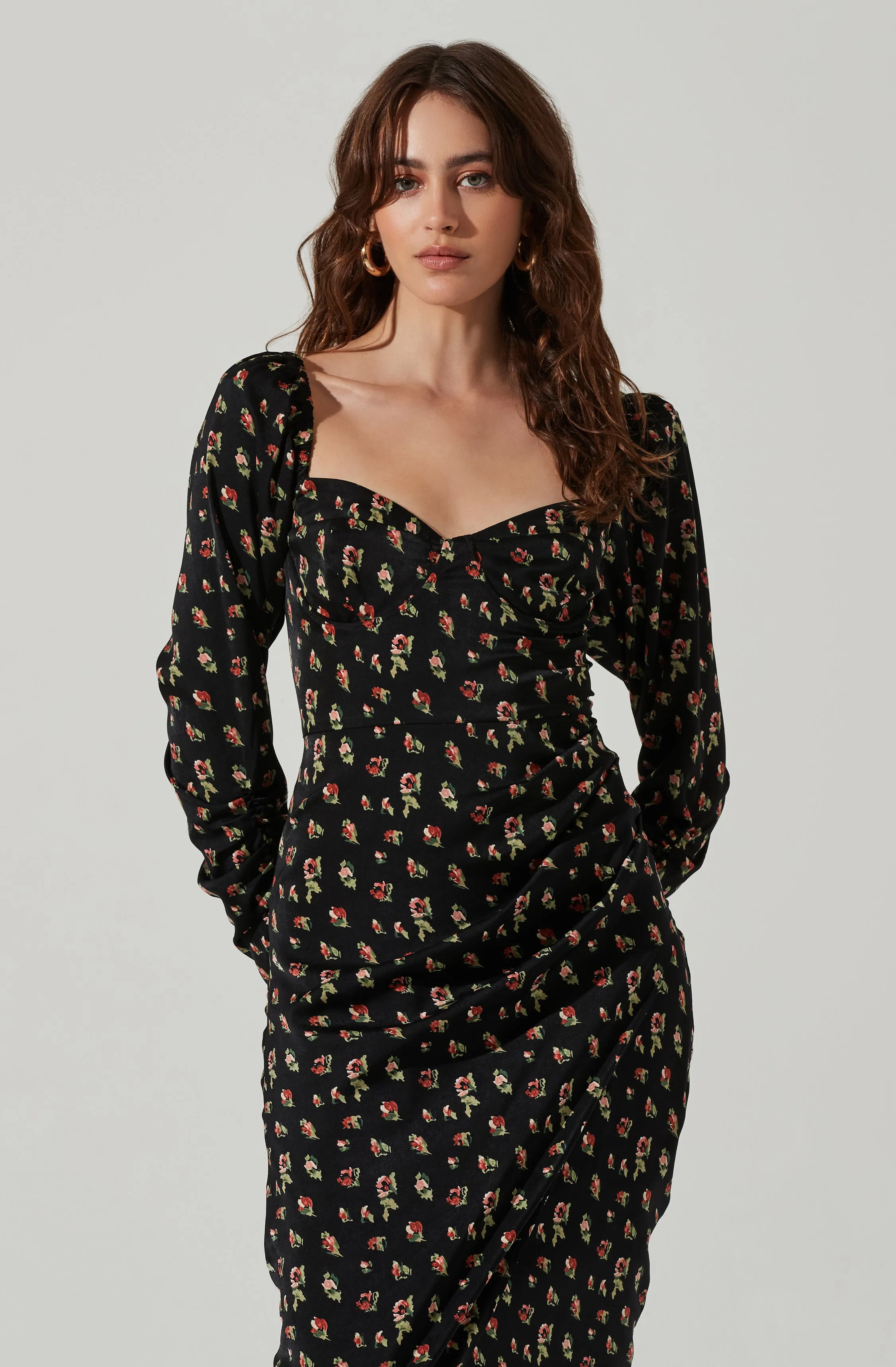 Floral Long Sleeve Milkmaid Satin Midi Dress
