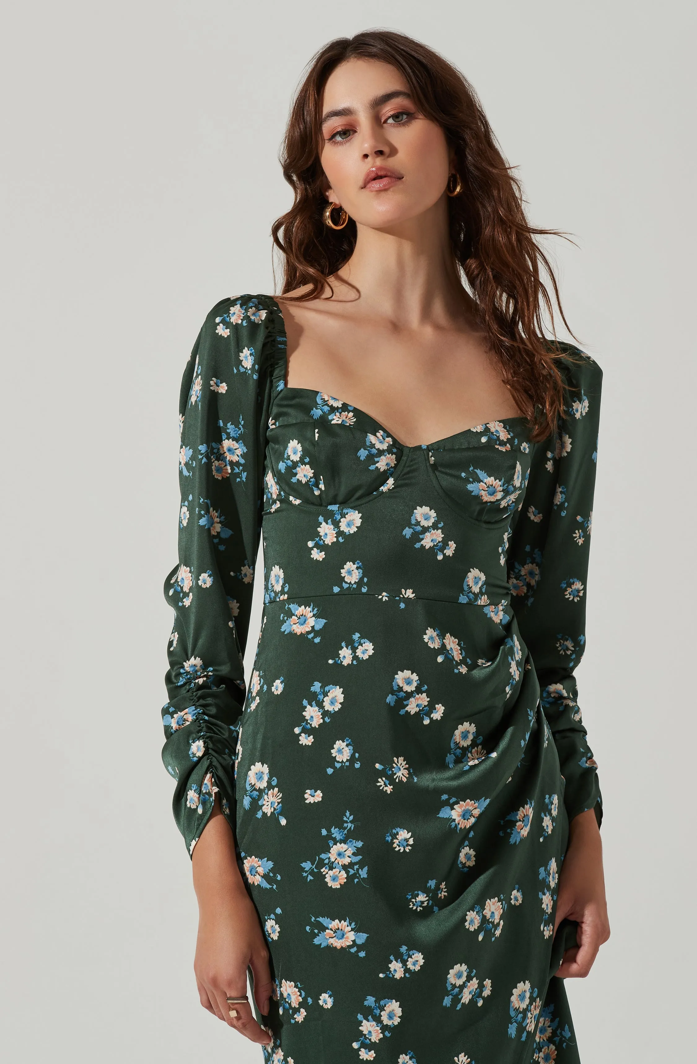 Floral Long Sleeve Milkmaid Satin Midi Dress