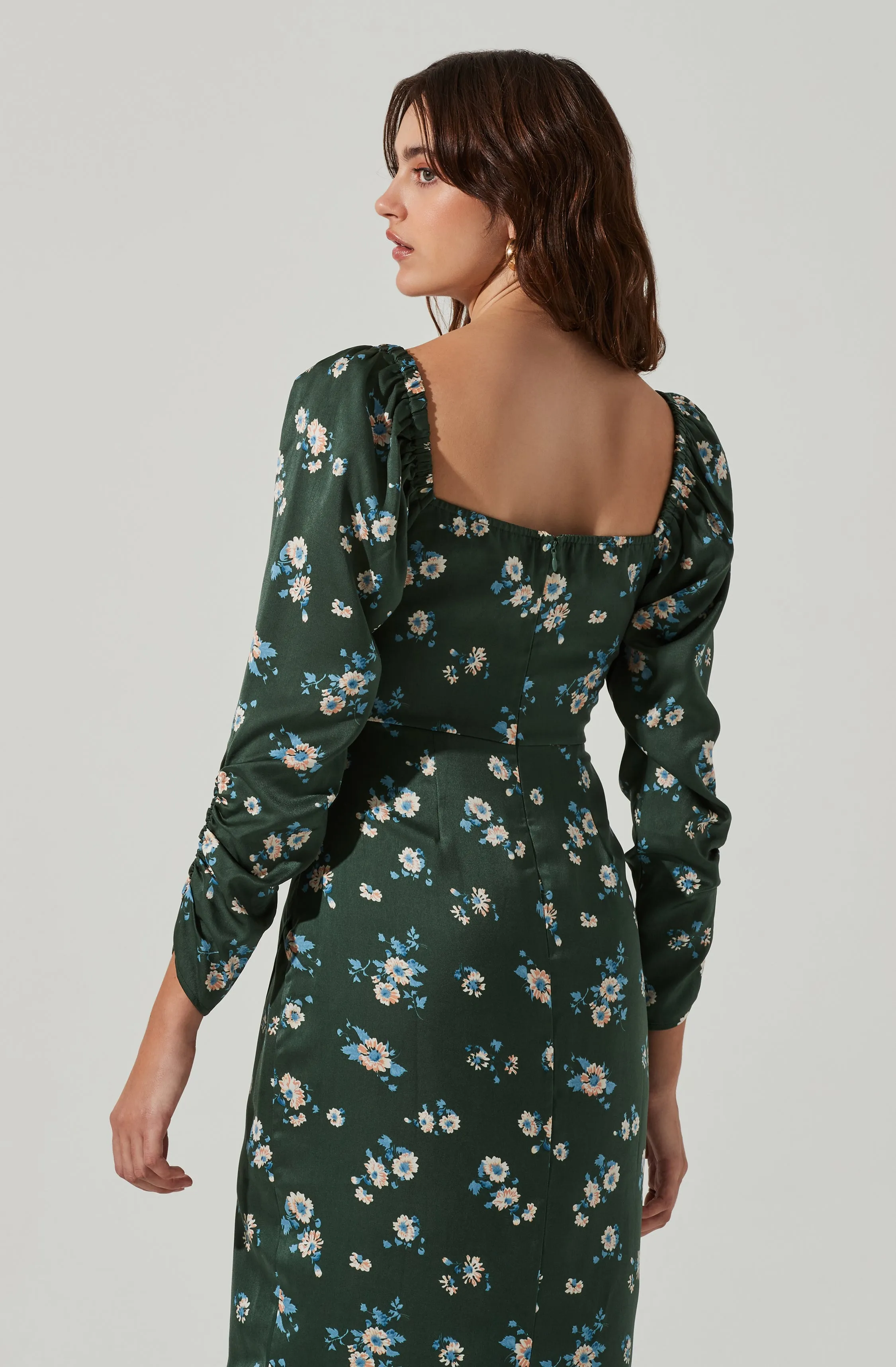 Floral Long Sleeve Milkmaid Satin Midi Dress