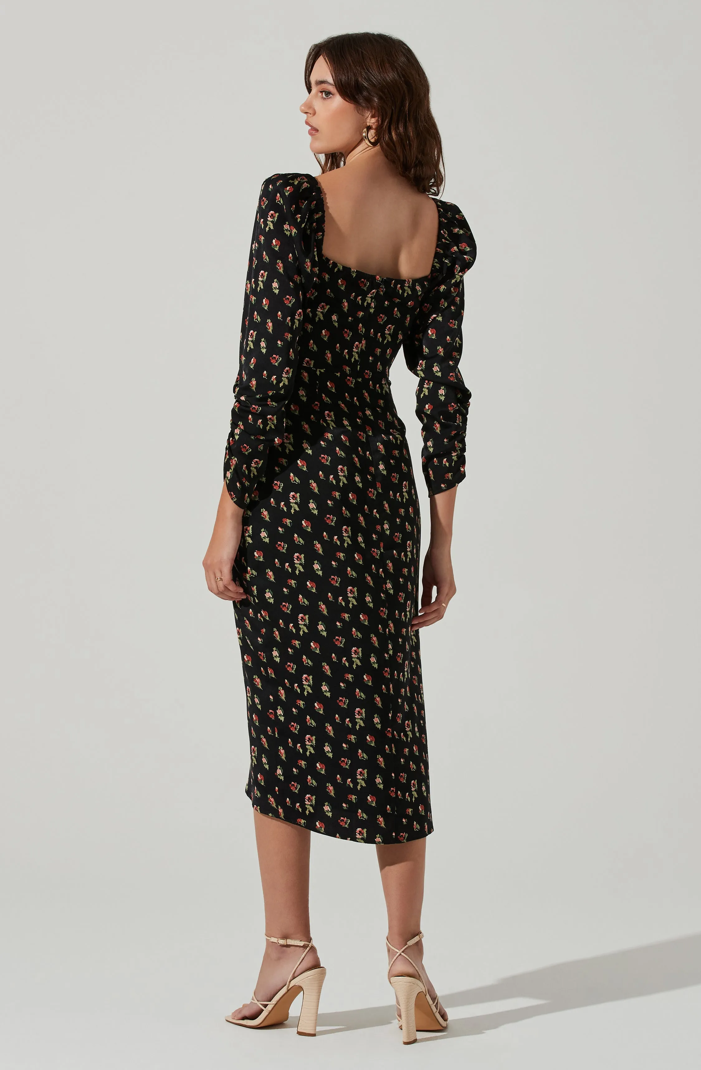 Floral Long Sleeve Milkmaid Satin Midi Dress