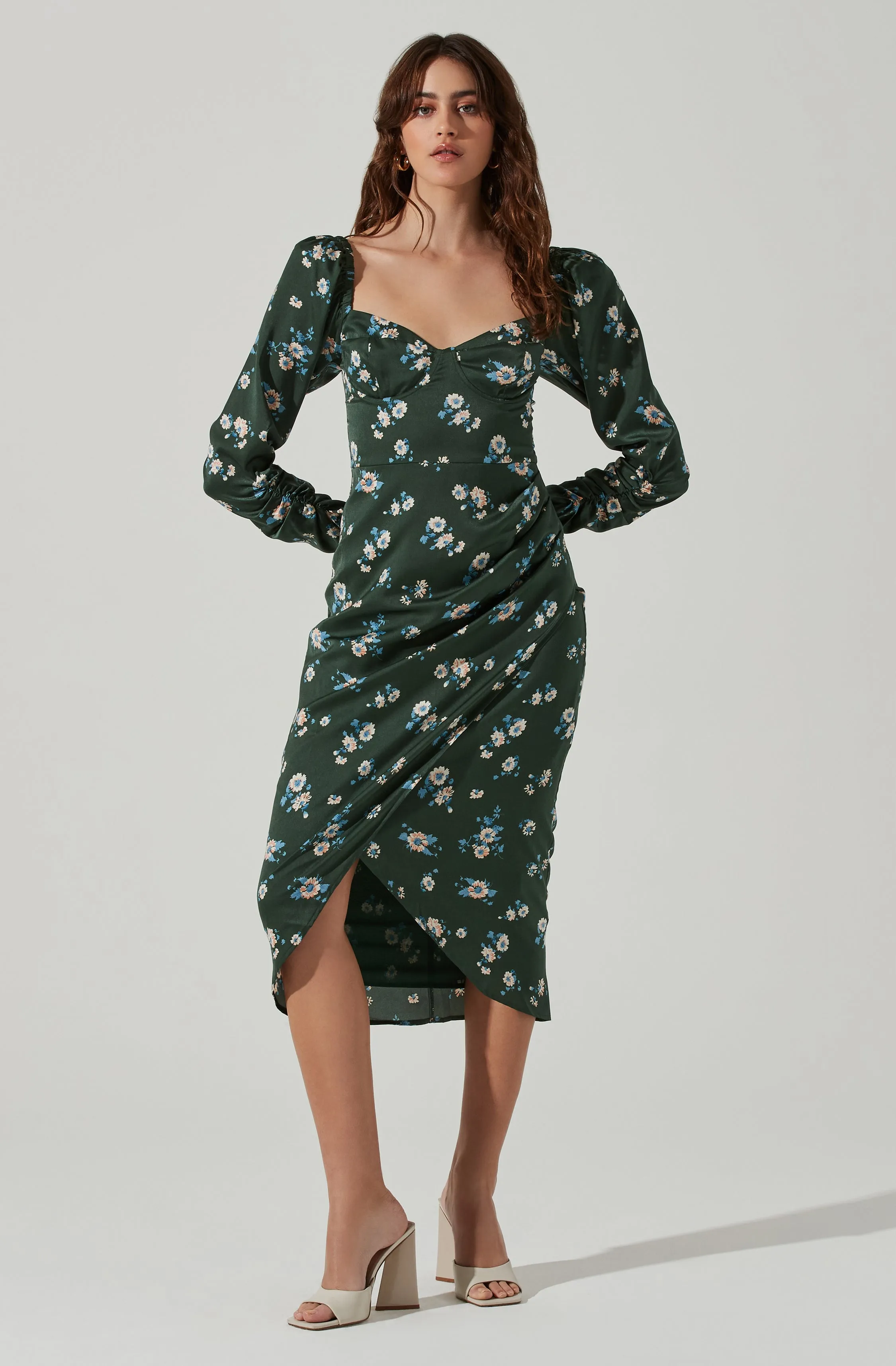 Floral Long Sleeve Milkmaid Satin Midi Dress