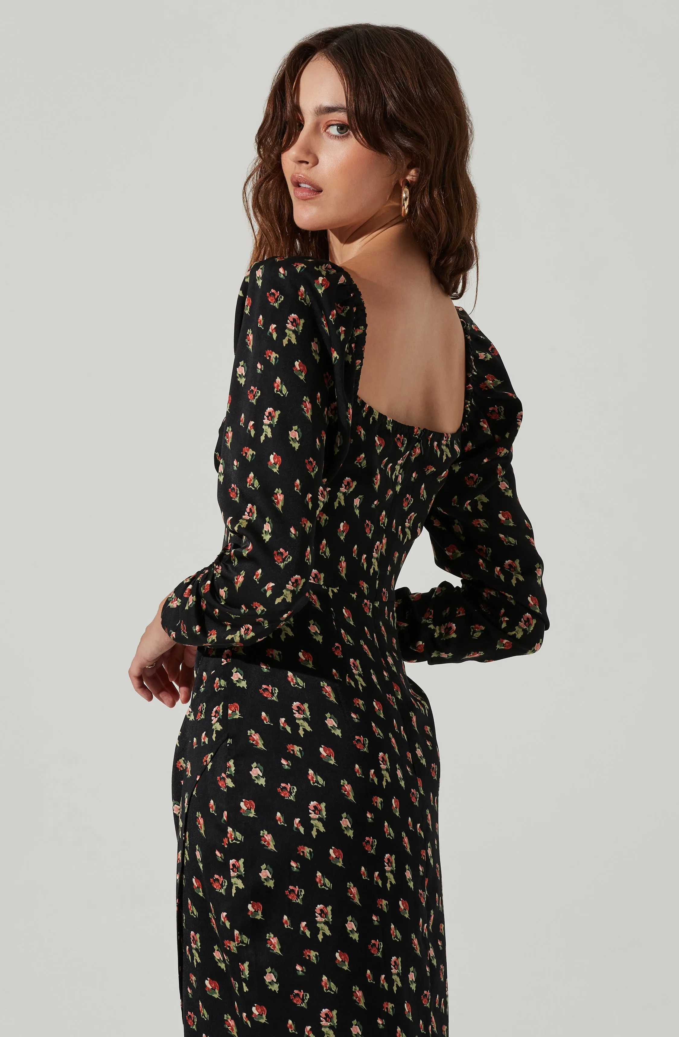 Floral Long Sleeve Milkmaid Satin Midi Dress