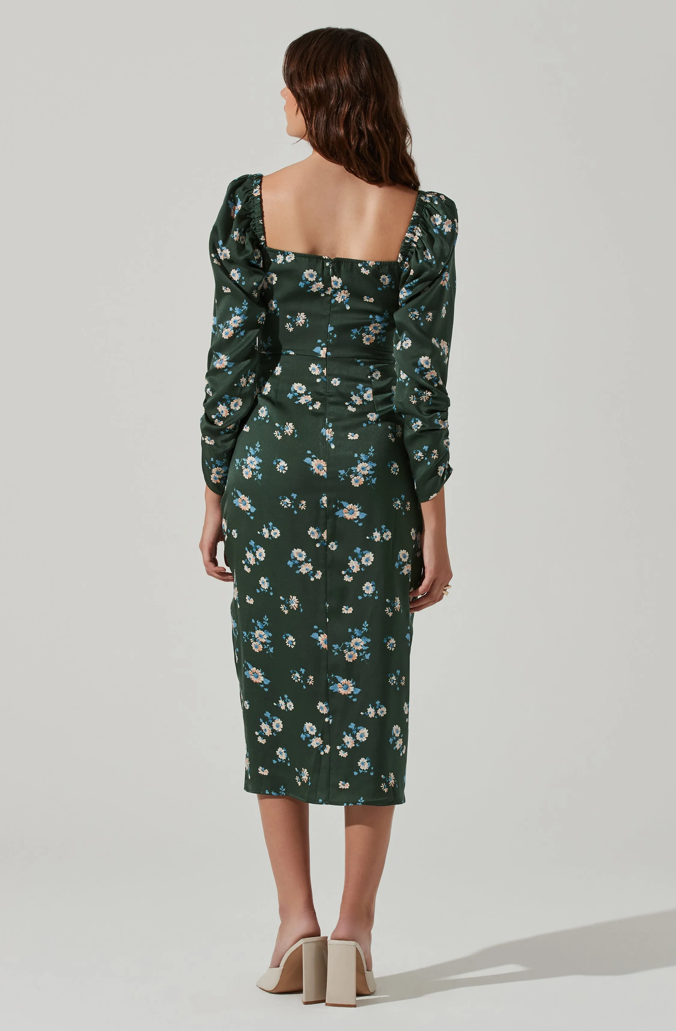 Floral Long Sleeve Milkmaid Satin Midi Dress