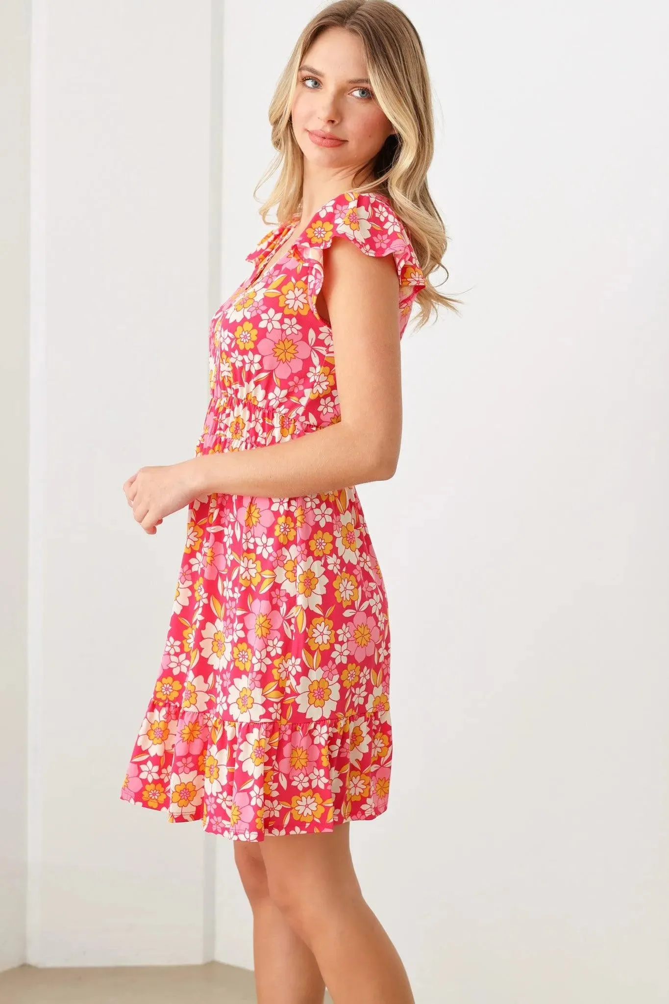 Floral Print Ruffle Cap Sleeves Babydoll Mini Dress