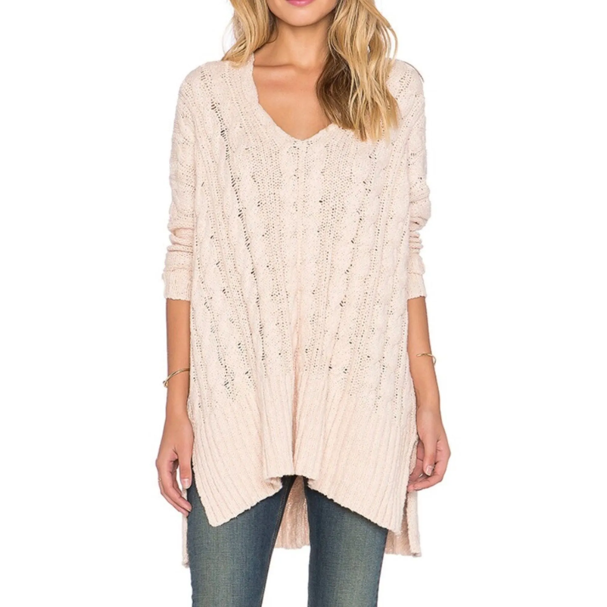 Free People Easy Cable V Neck Sweater
