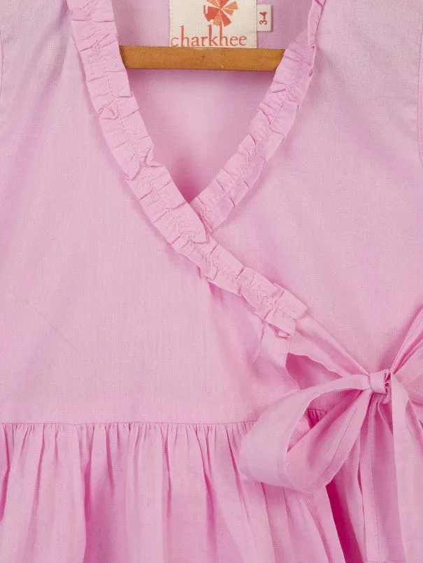 Girls Light Pink Ruffled Wrap Dress