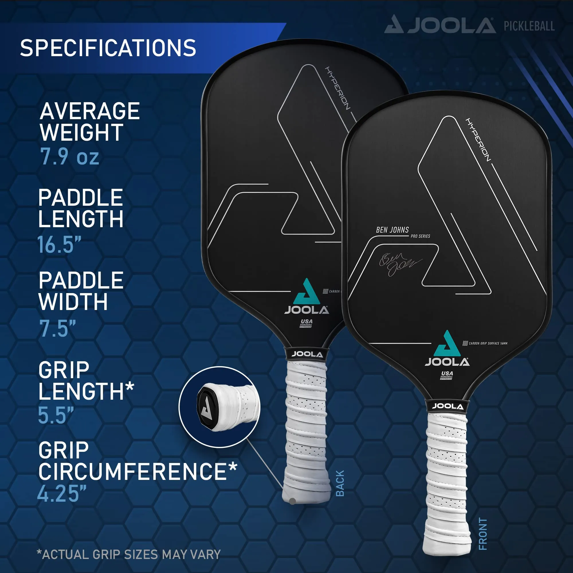 JOOLA Ben Johns Hyperion CGS 16mm Pickleball Paddle - Textured Carbon Grip Surface Technology for Spin & Control with Added Power - Polypropylene Honeycomb Core Pickleball Racket