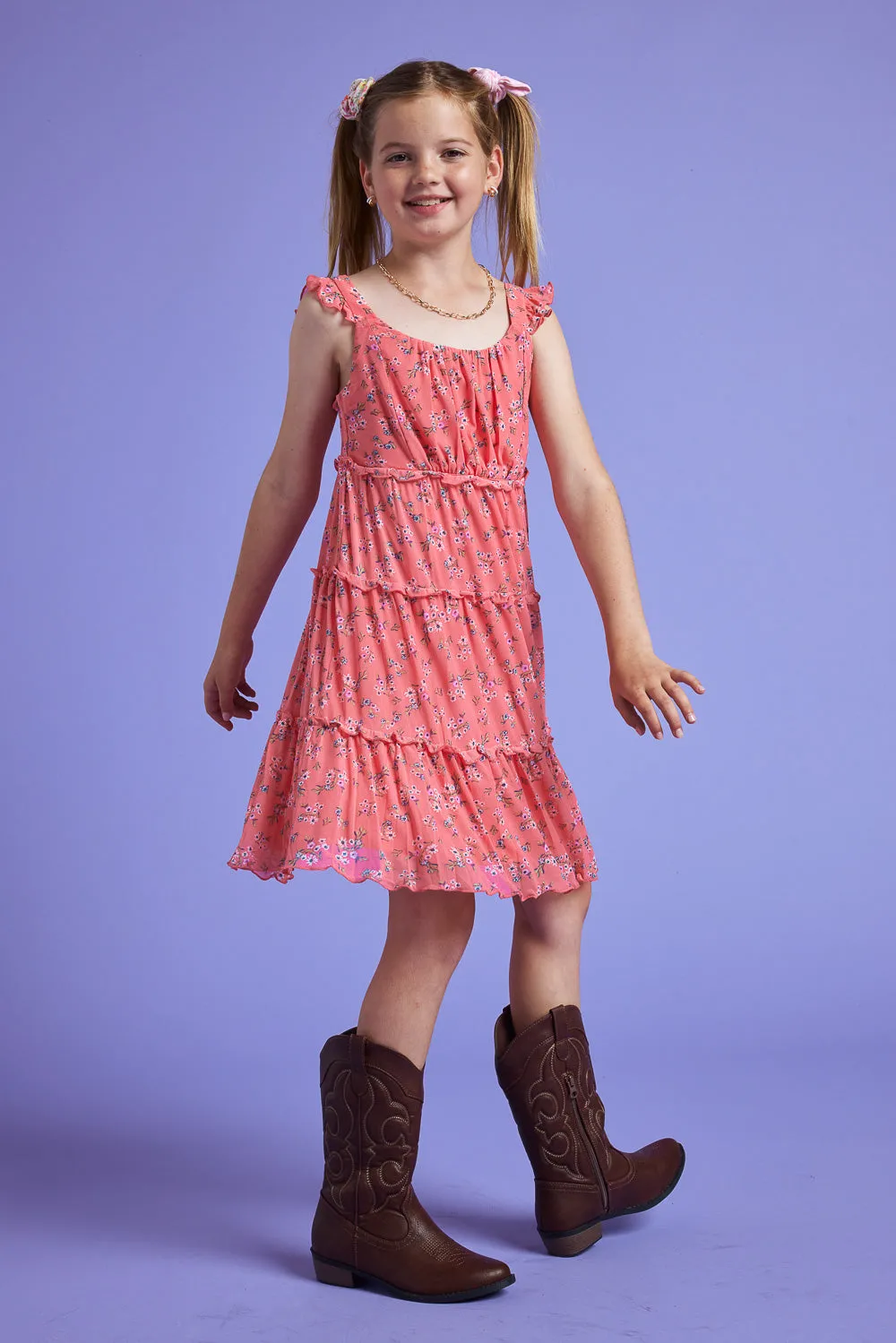 Kids Coral Floral Sleeveless Babydoll Dress