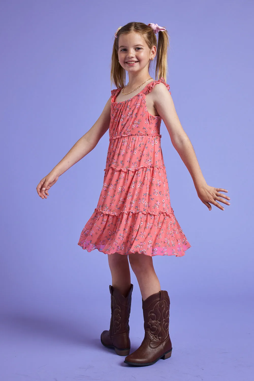 Kids Coral Floral Sleeveless Babydoll Dress