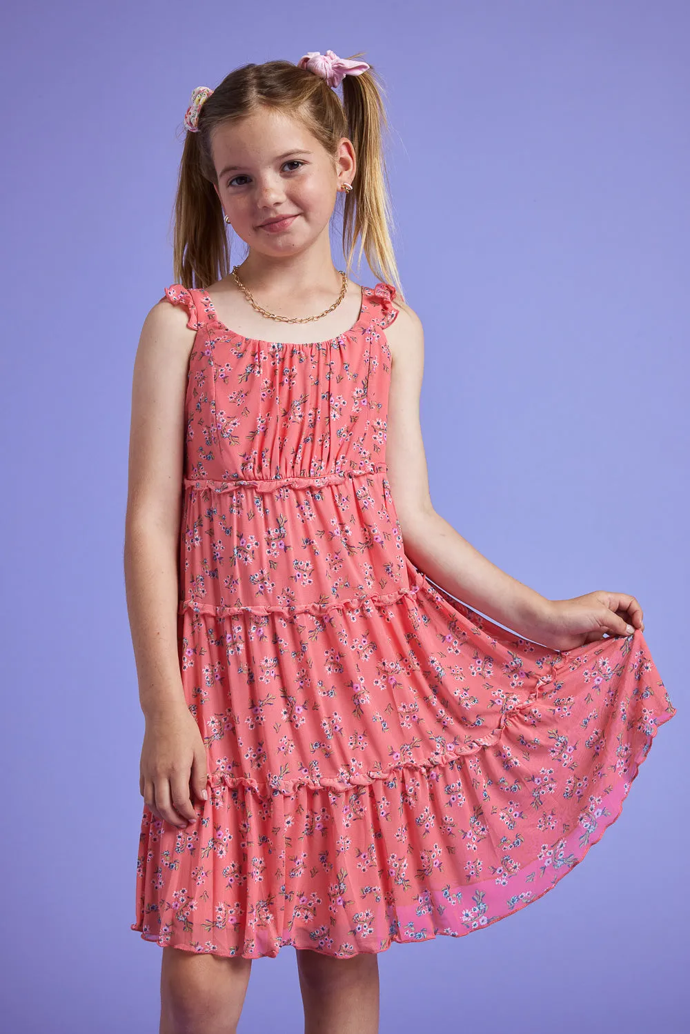 Kids Coral Floral Sleeveless Babydoll Dress