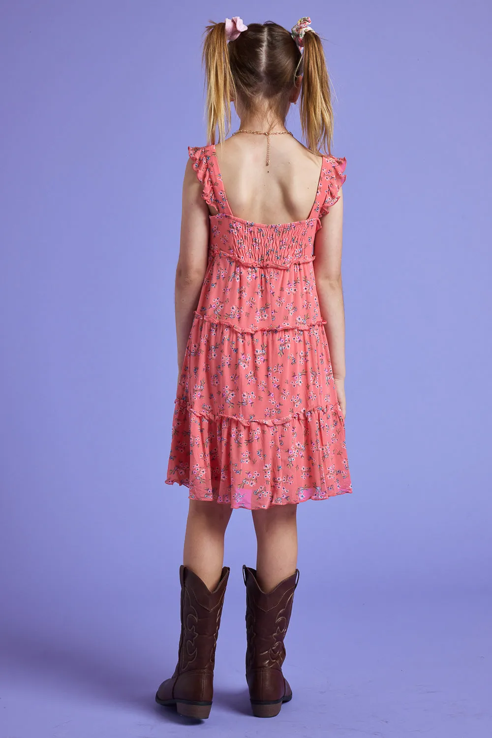 Kids Coral Floral Sleeveless Babydoll Dress