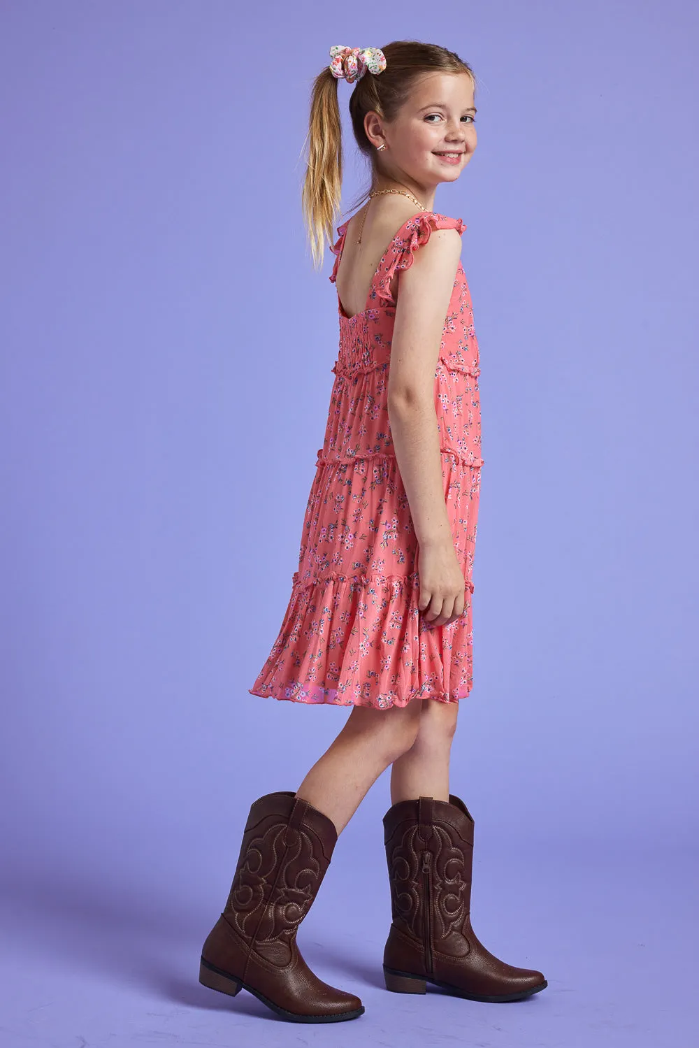 Kids Coral Floral Sleeveless Babydoll Dress