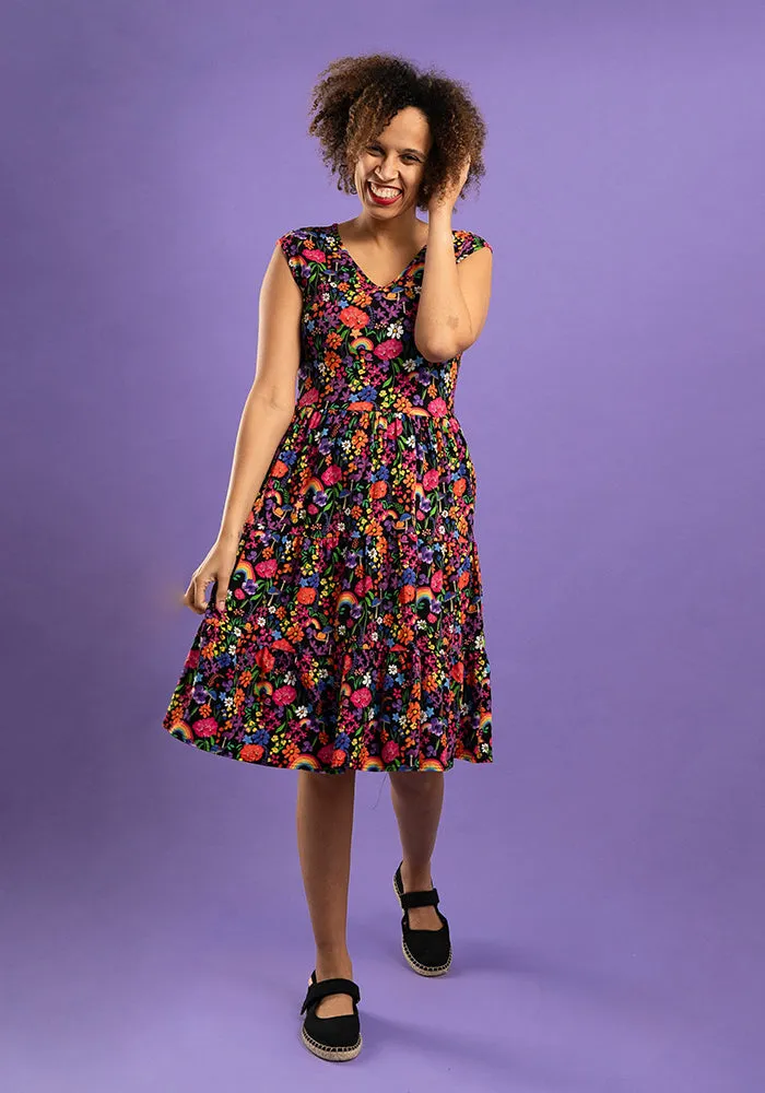 Liv Rainbow Garden Print Tiered Hem Cotton Dress