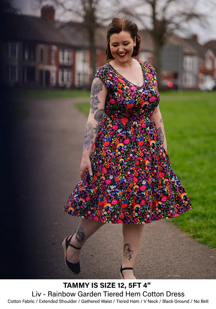 Liv Rainbow Garden Print Tiered Hem Cotton Dress