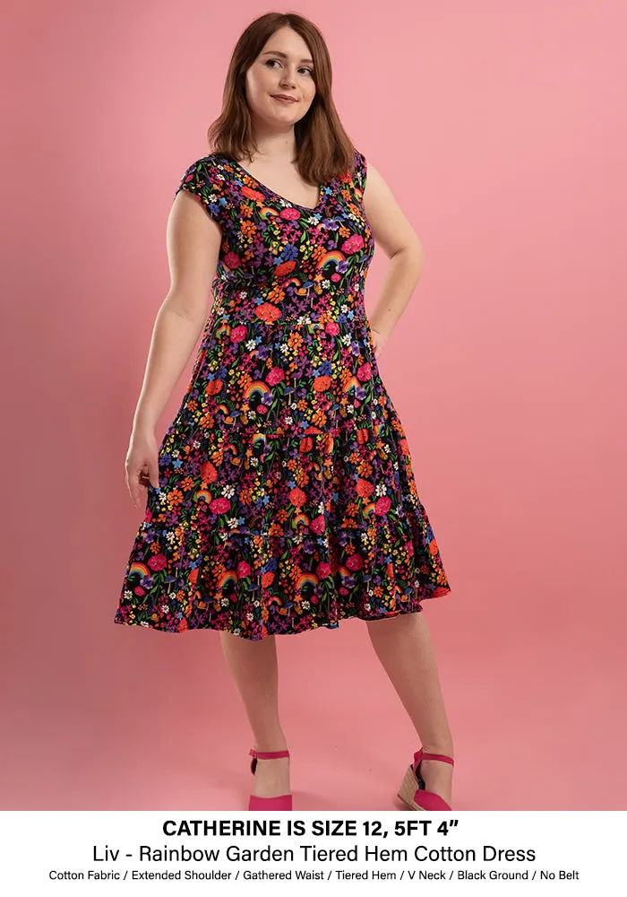 Liv Rainbow Garden Print Tiered Hem Cotton Dress