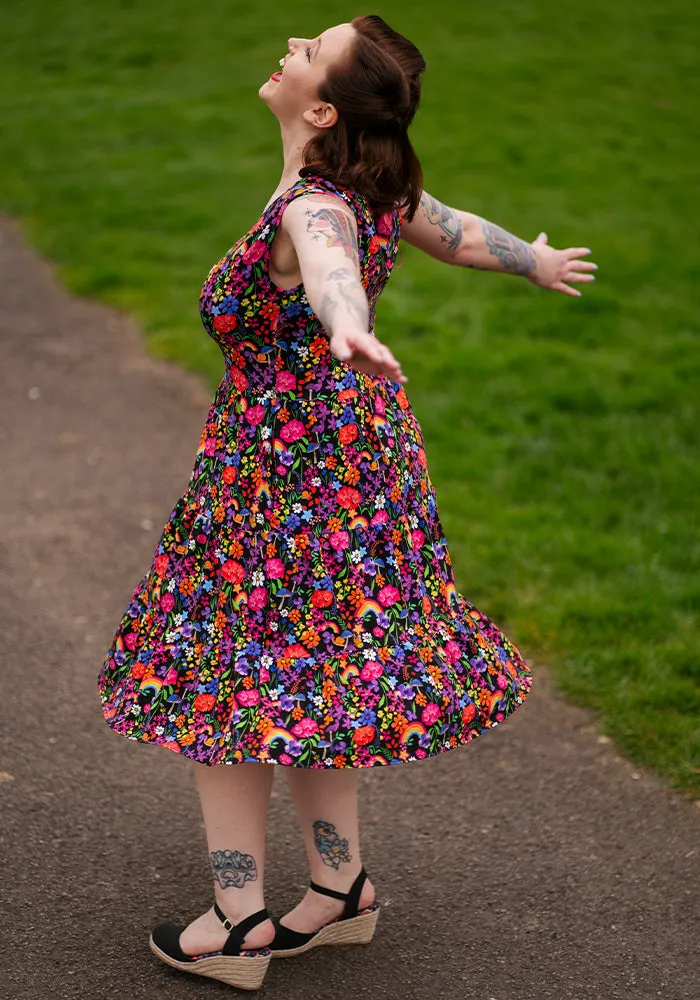 Liv Rainbow Garden Print Tiered Hem Cotton Dress