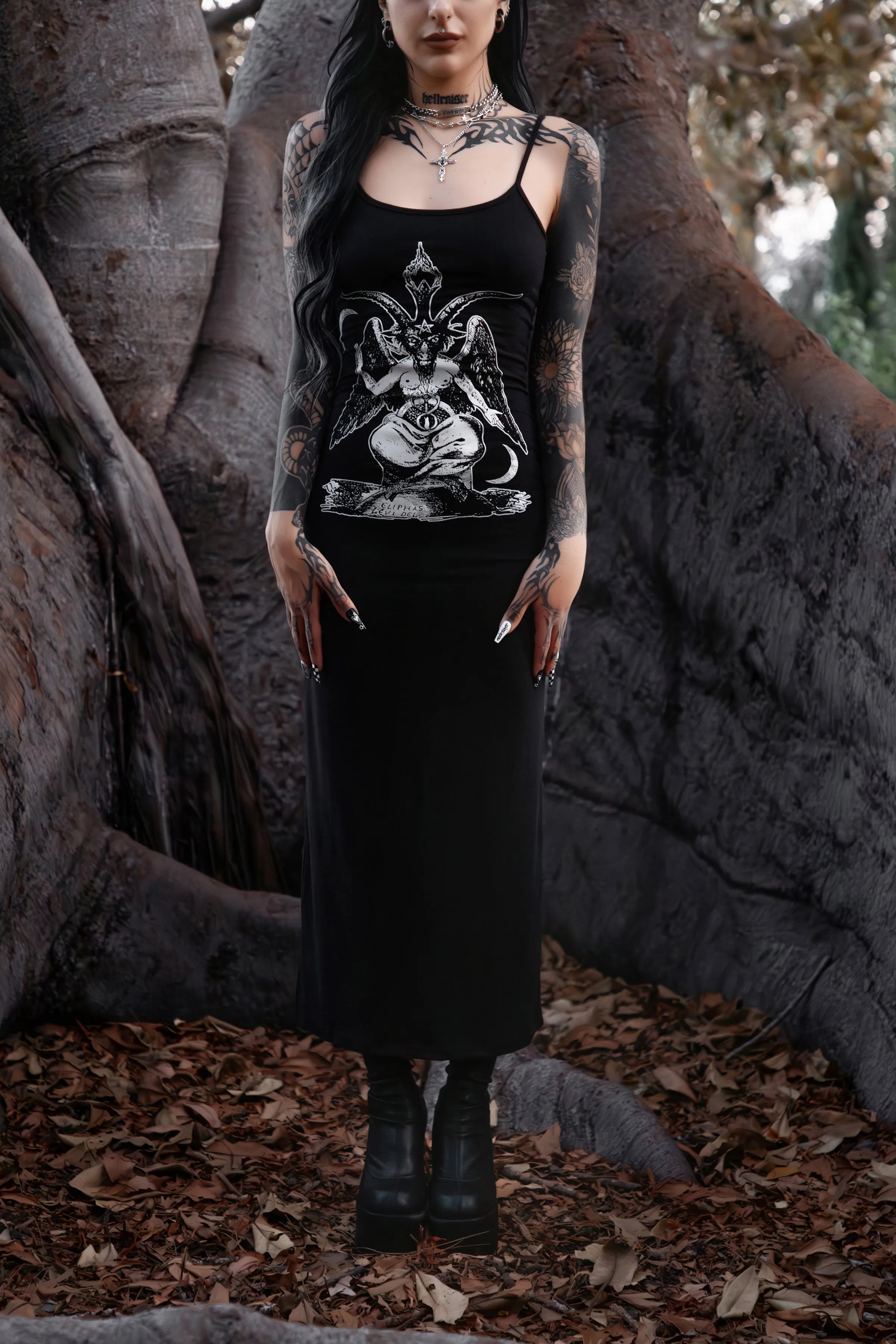 Long Baphomet Black Maxi Dress