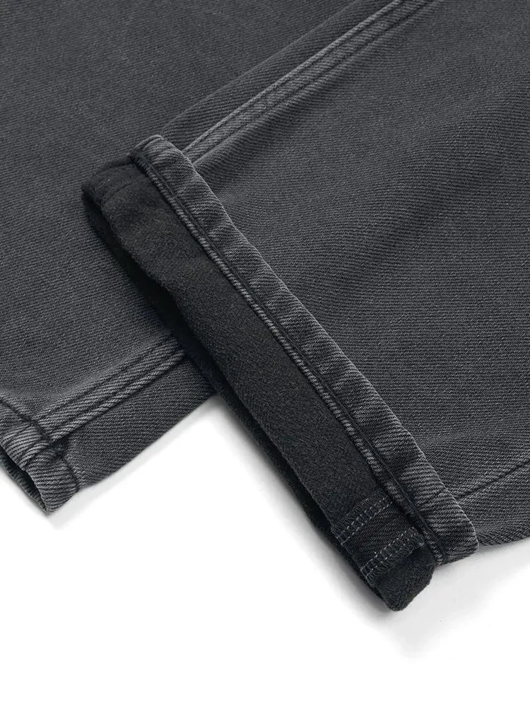 Loose Straight Jeans Men with Warm Fleece Liner and Elastic Waist