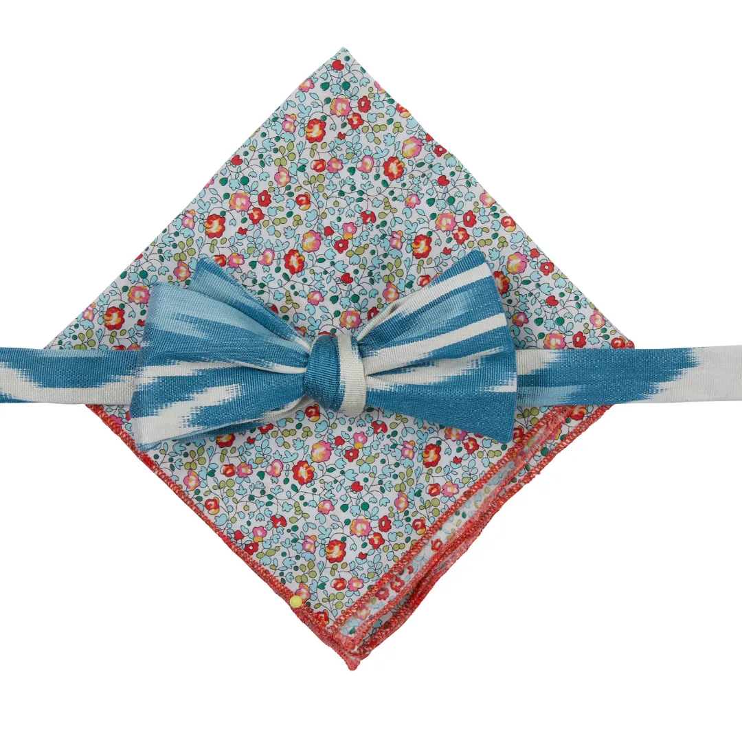 Lucia Silk Ikat Bow Tie - Teal, White
